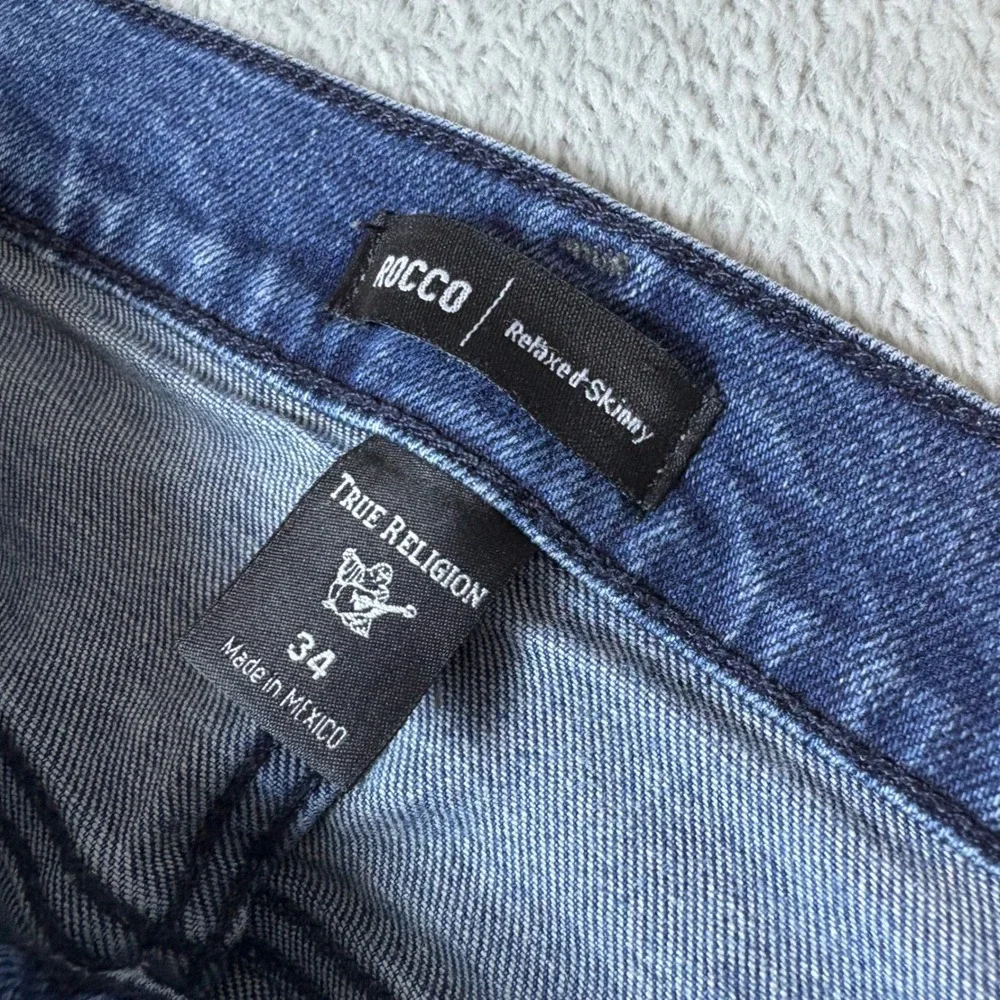True Religion Jeans Mens 34 Rocco‎ Relaxed Skinny Blue Whiskered Faded Stretch